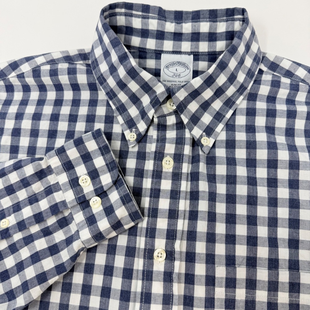 Brooks Brothers 346 Mens Large Slim Fit Gingham Button Down Shirt Navy Blue